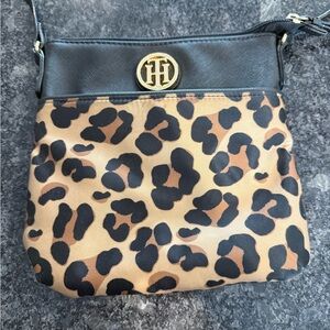 Tommy Hilfiger Black and Brown Leopard Crossbody Bag